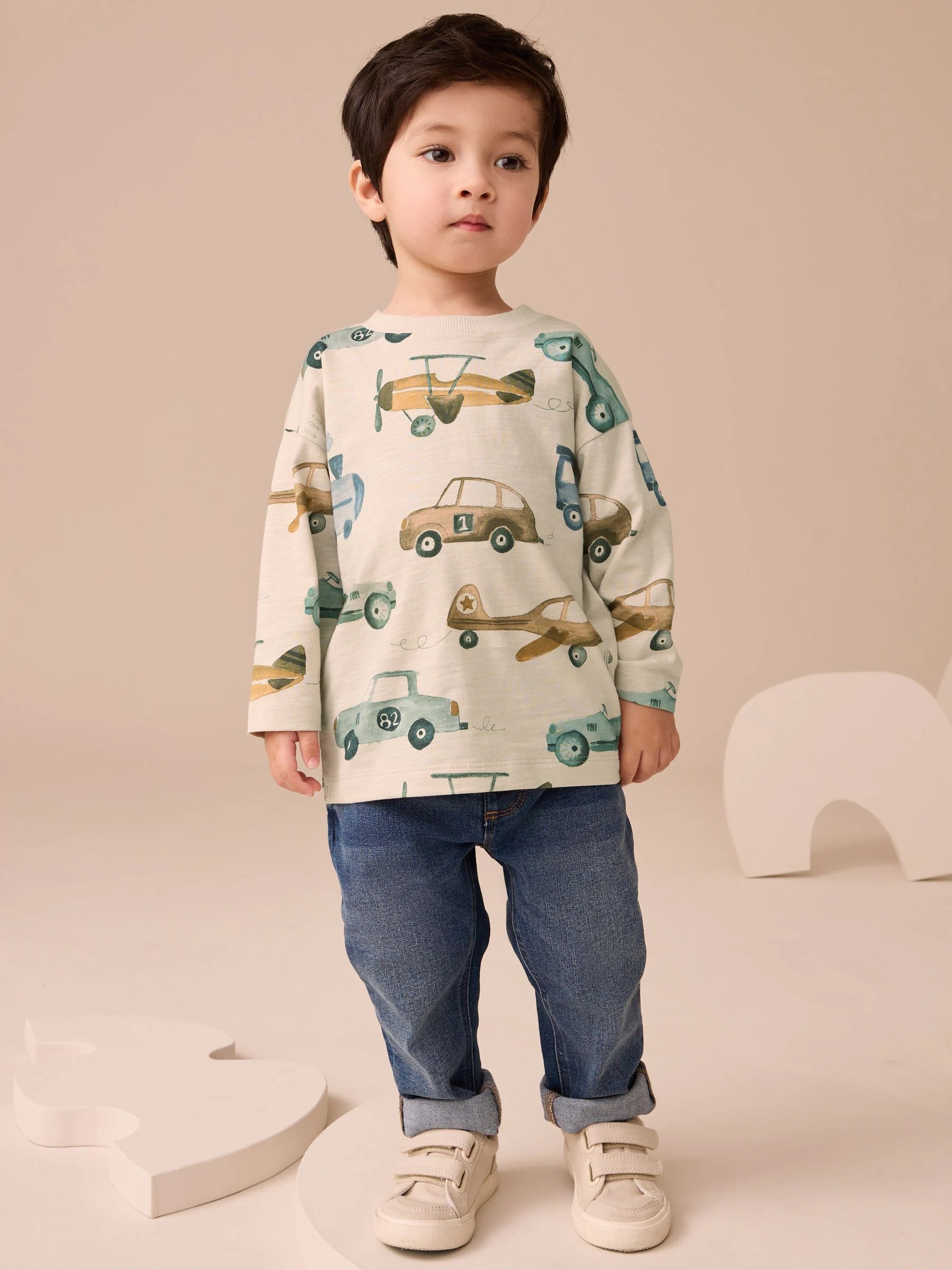 Wit transport - 100% katoenen T-shirt met lange mouwen en all-over print (3mnd -7jr)