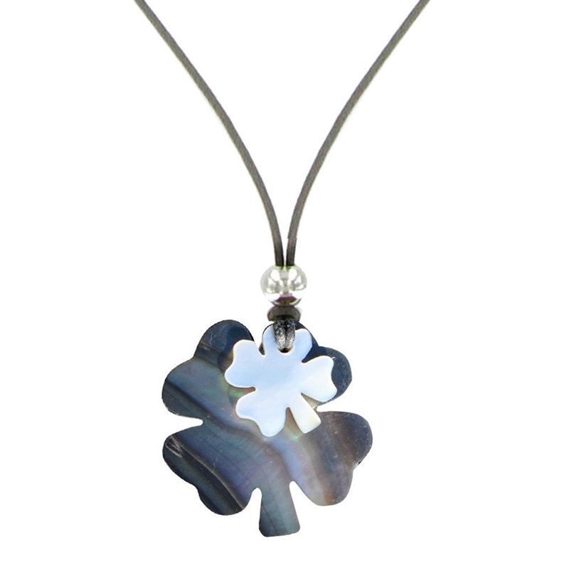 Collier Deux Trèfles Porte Bonheur Nacre Lien Gris - Classics