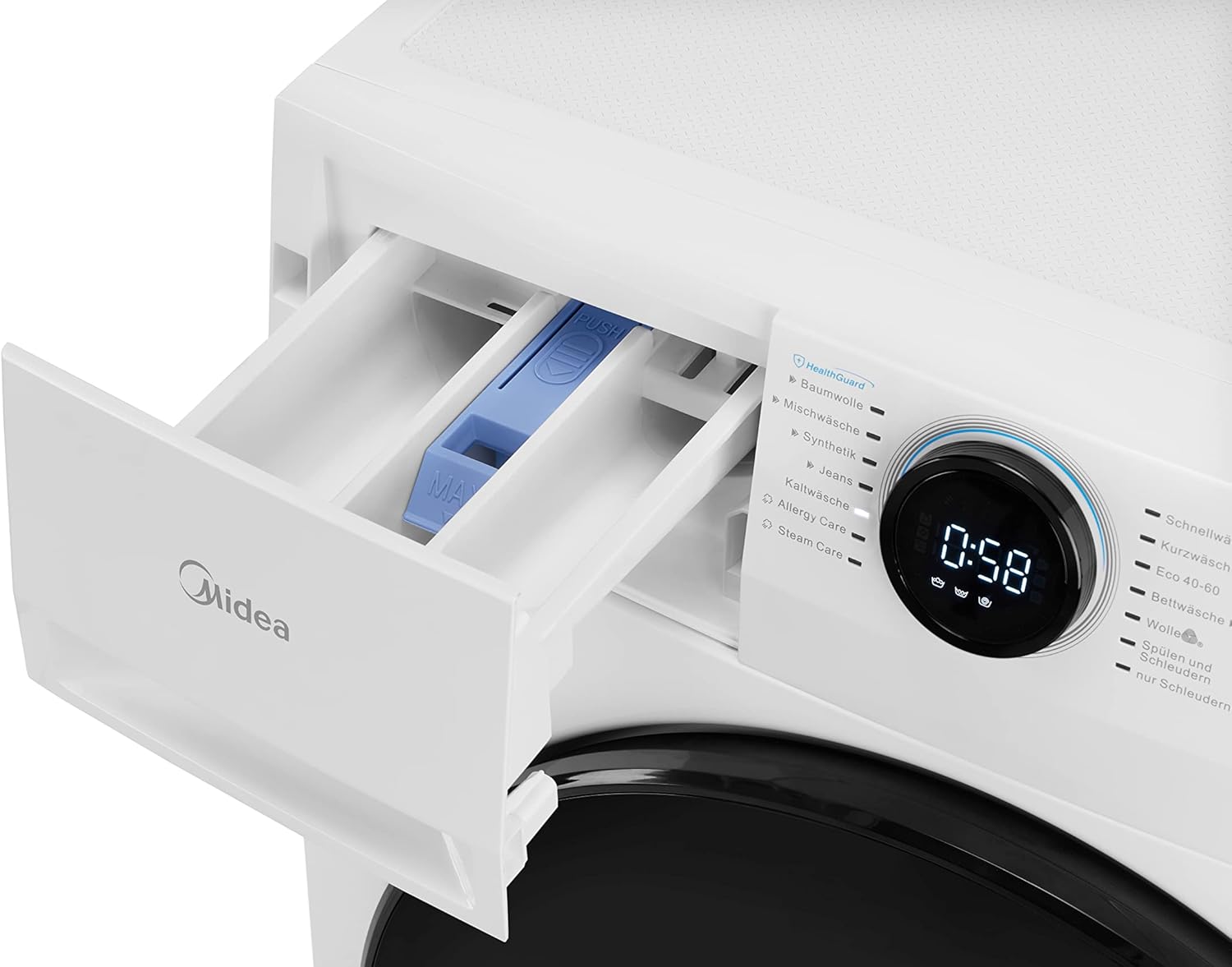 Midea MF200W90WB-14A Waschmaschine / 9KG / A/Leiser & effizienter Inverter Motor/HealthGuard-System/Steam Care/Nachlegefunktion/APP-Steuerung/AquaStop, Weiß