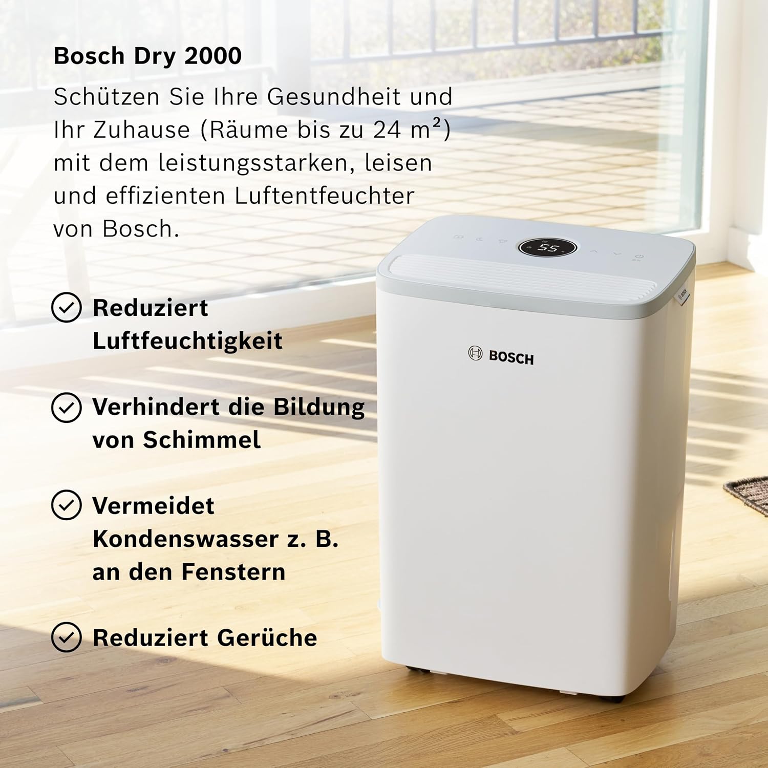 Bosch Dry 2000 Luftentfeuchter - Einfach. Effizient. Leise. - Für Räume bis zu 24 m² - Ideal für Deine Wohnung die schnelle Trocknung Deiner Wäsche