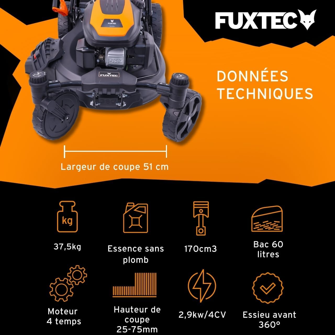 FUXTEC Tondeuse à gazon thermique 4 en 1 Avec Roues Avant Pivotantes FX-RM5170agile - 2,9kW | Largeur de coupe 51cm | 25mm-75mm Bac 60L, mulching & éjection latérale