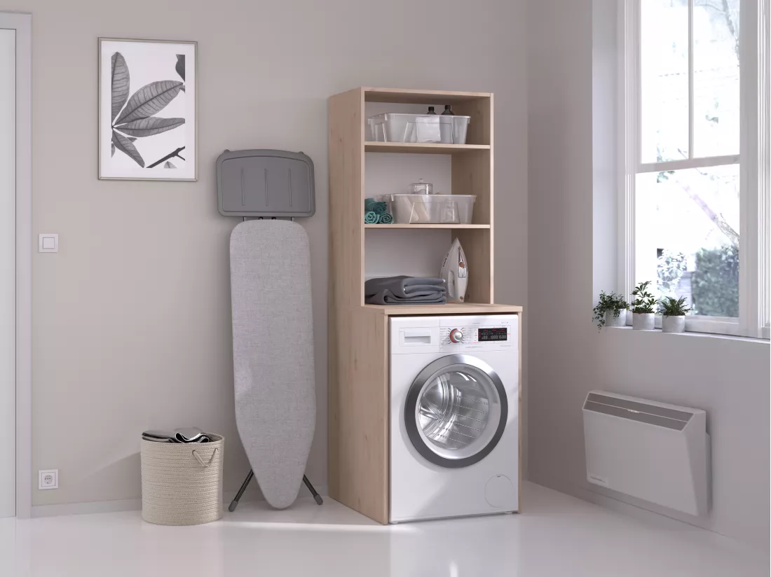 Meuble pour machine à laver avec étagères - Naturel clair - L65 x H184 cm - ERKANO