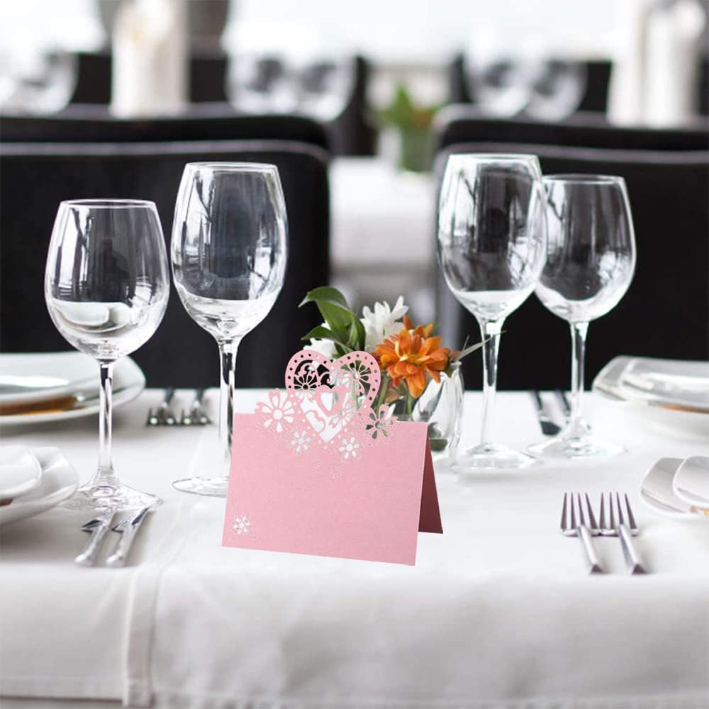 (50er Set) 6x9cm Papier Tischkarten Hochzeits Deko Herz Namens Platzkarten - Rosa