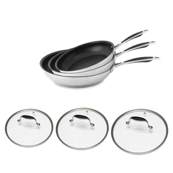 Lot 3 poêles revêtues et 3 couvercles Excell'Inox 20, 24 et 28 cm Math