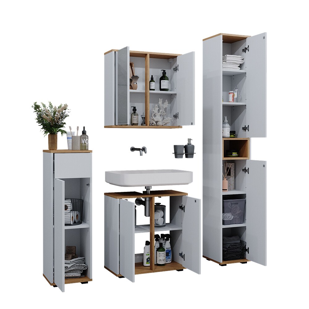 Vicco Badmöbel-Set Didi Weiß Eiche 4 Teile Hochschrank Midischrank mit Schublade