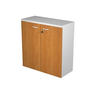 Bibliothèque basse Trend - L80xP44xH72 cm - 2 portes en mélaminé imitation noyer clair avec serrure - gris