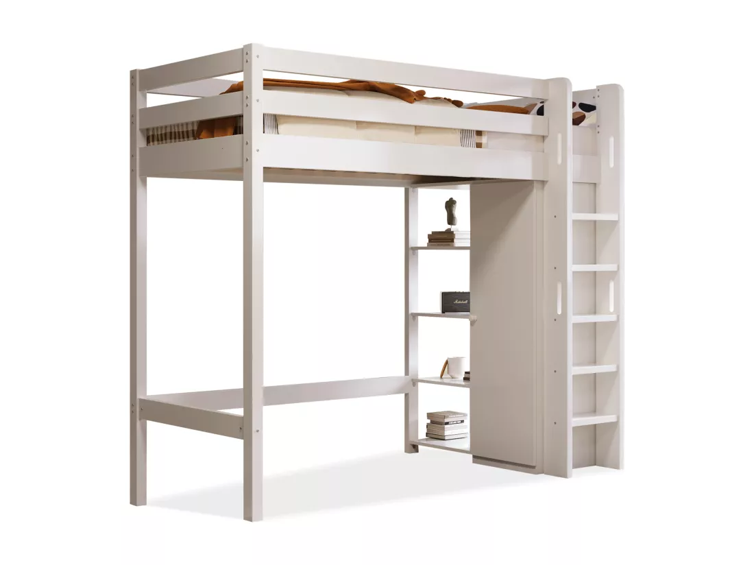 Lit mezzanine 90 x 200 cm avec armoire et 6 étagères - bois massif + MDF - blanc