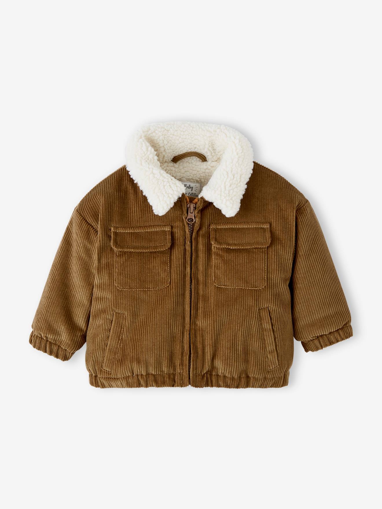 Jaqueta de veludo cotelê com forro de sherpa, para bebê, marrom claro liso com estampas.