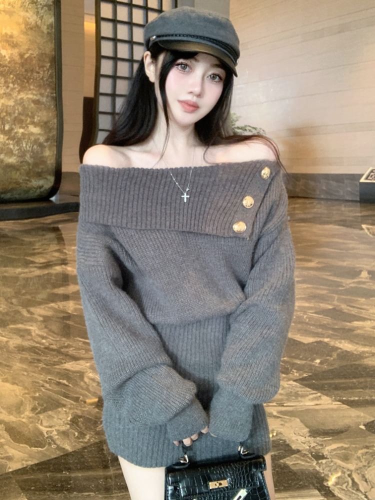 Mikiko - Lange mouw off-shoulder effen gebreide mini-jurk