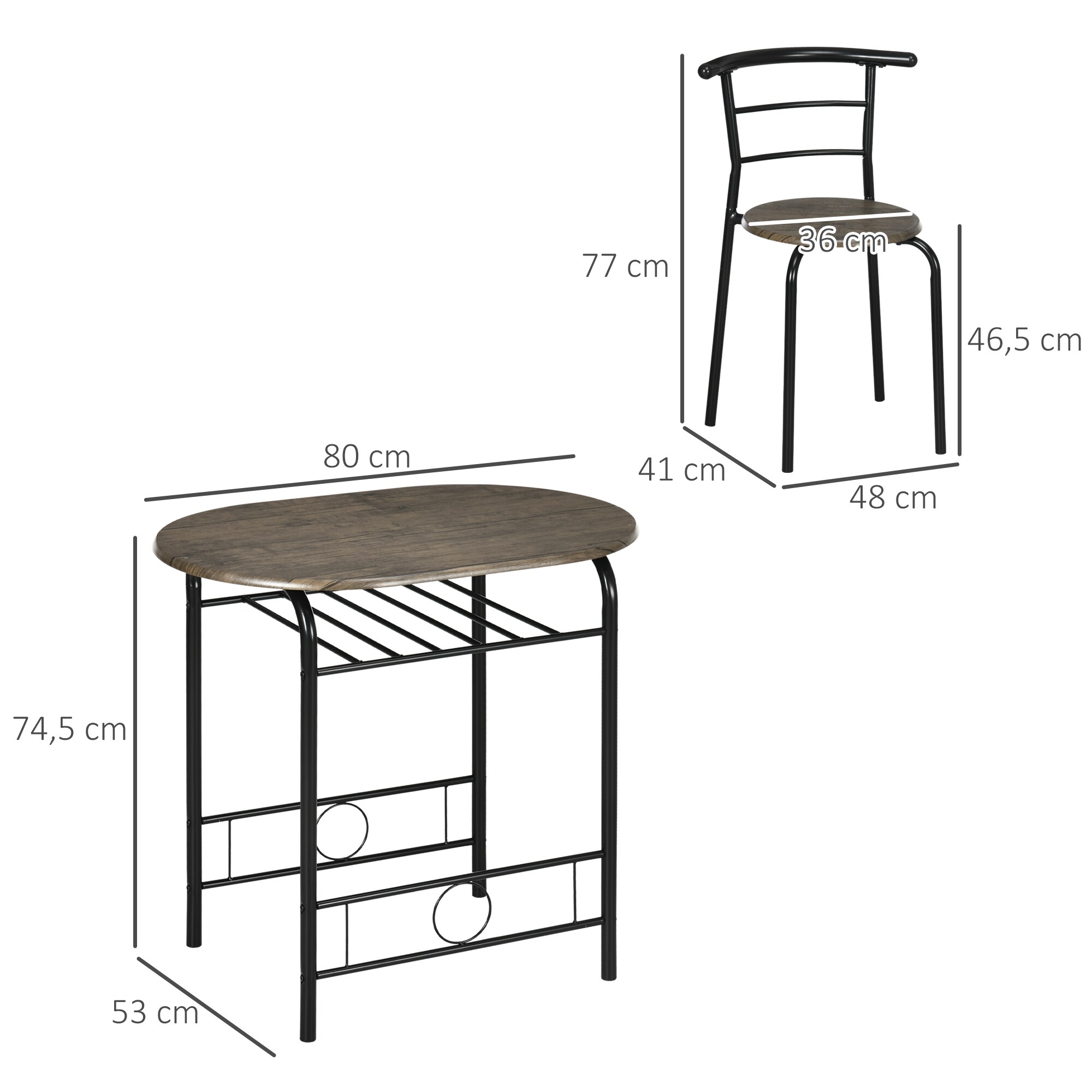 HOMCOM Essgruppe mit 2 Stühlen schwarz 80L x 53B x 74,5H cm