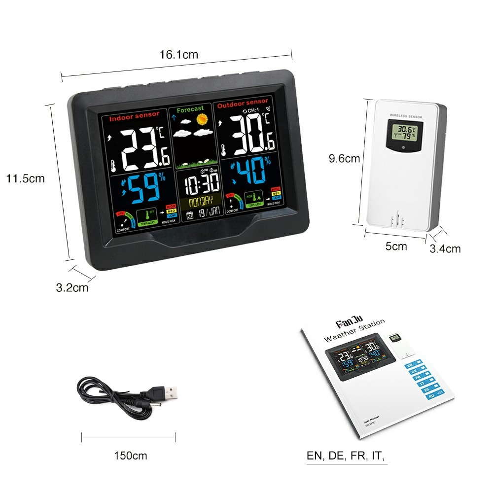 (2-tlg. Set) Wireless Wetterstation Digital Thermometer / Hygrometer / Wecker mit Wettervorhersage   Aussensensor (Batteriebetrieben) - Schwarz