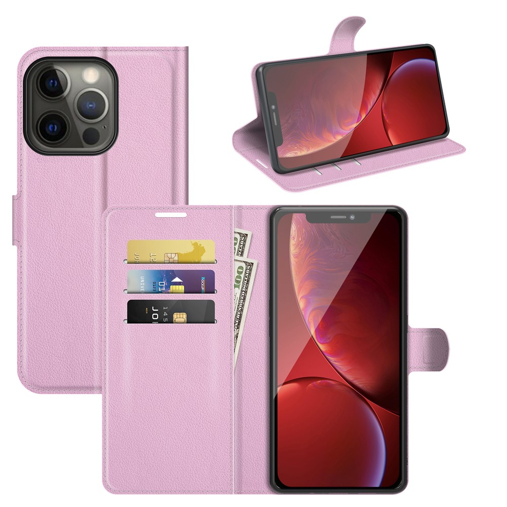iPhone 13 Pro Leder Tasche Flip Cover Litchi Look - Rosa