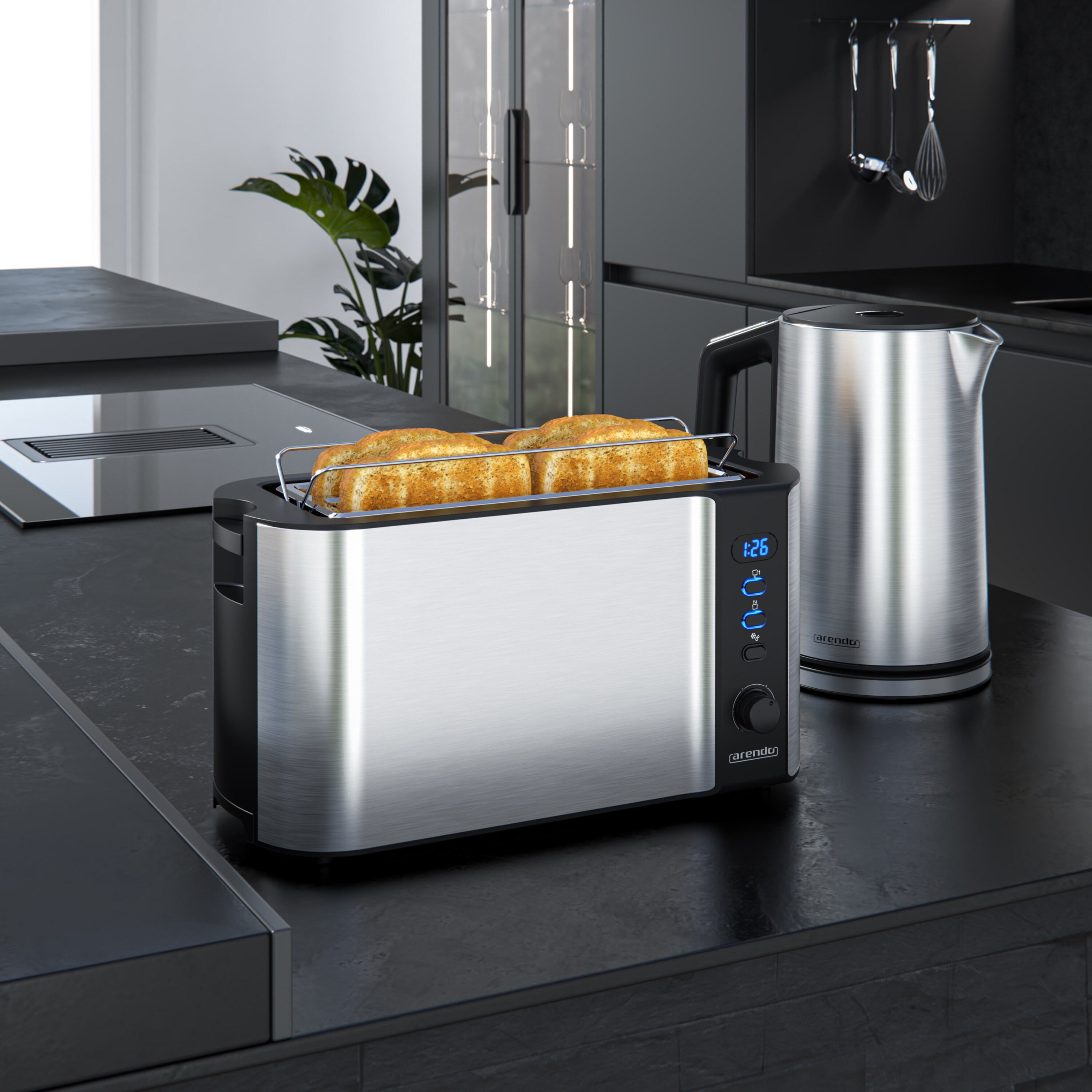Arendo 2-teiliges Frühstücksset, Edelstahl Wasserkocher 2200W, 4-Scheiben Langschlitz Toaster, Silber