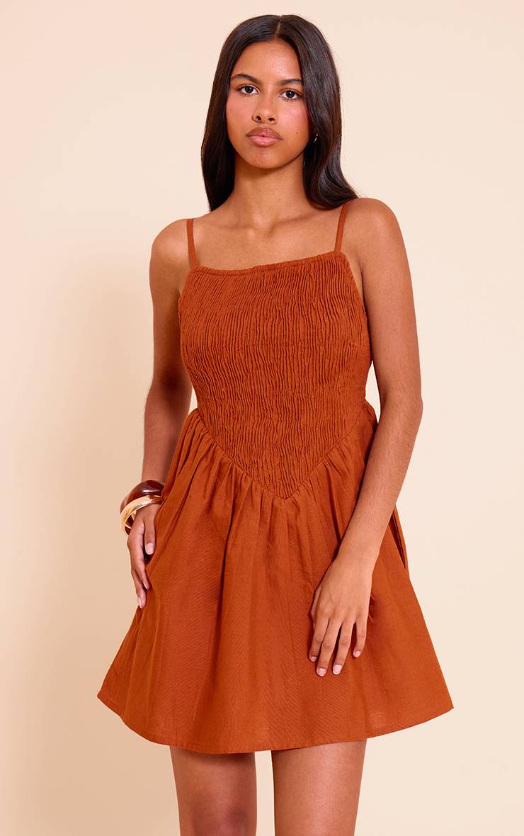 Rouille Robe Droite Petite Taille À Bretelles Spaghetti Et Corsage Froncé