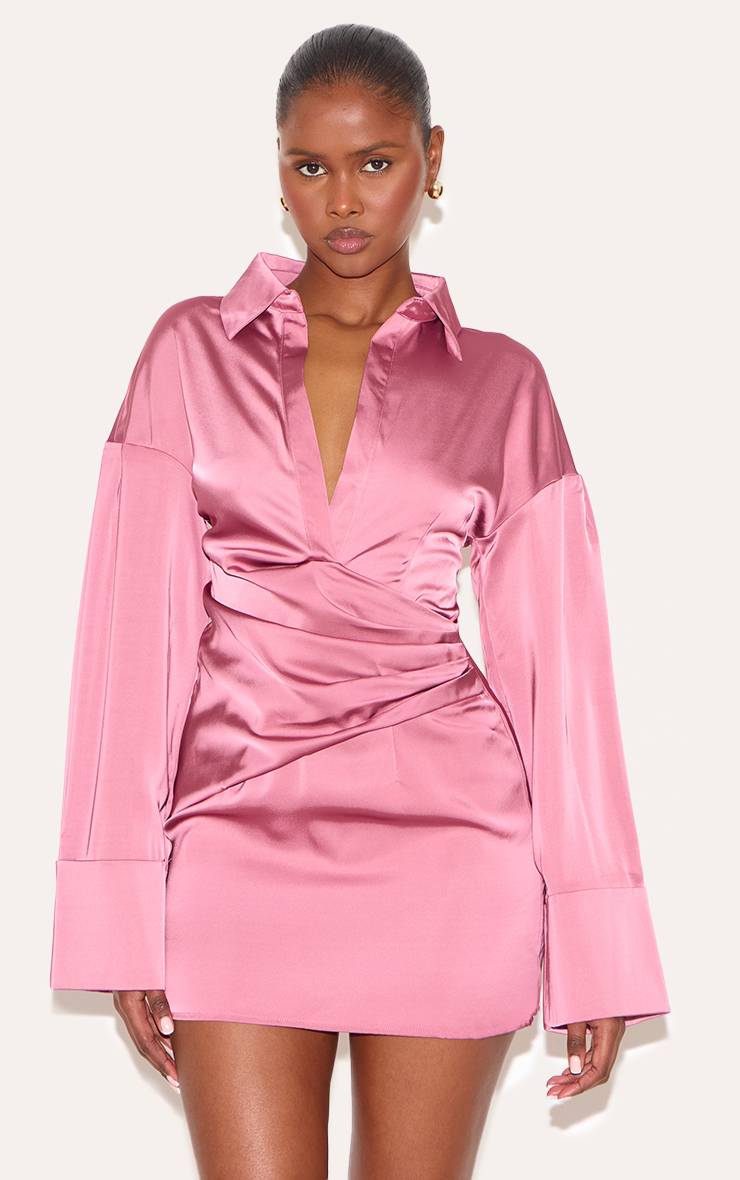 Blush Rose Robe Chemise Premium En Satin À Manches Évasées