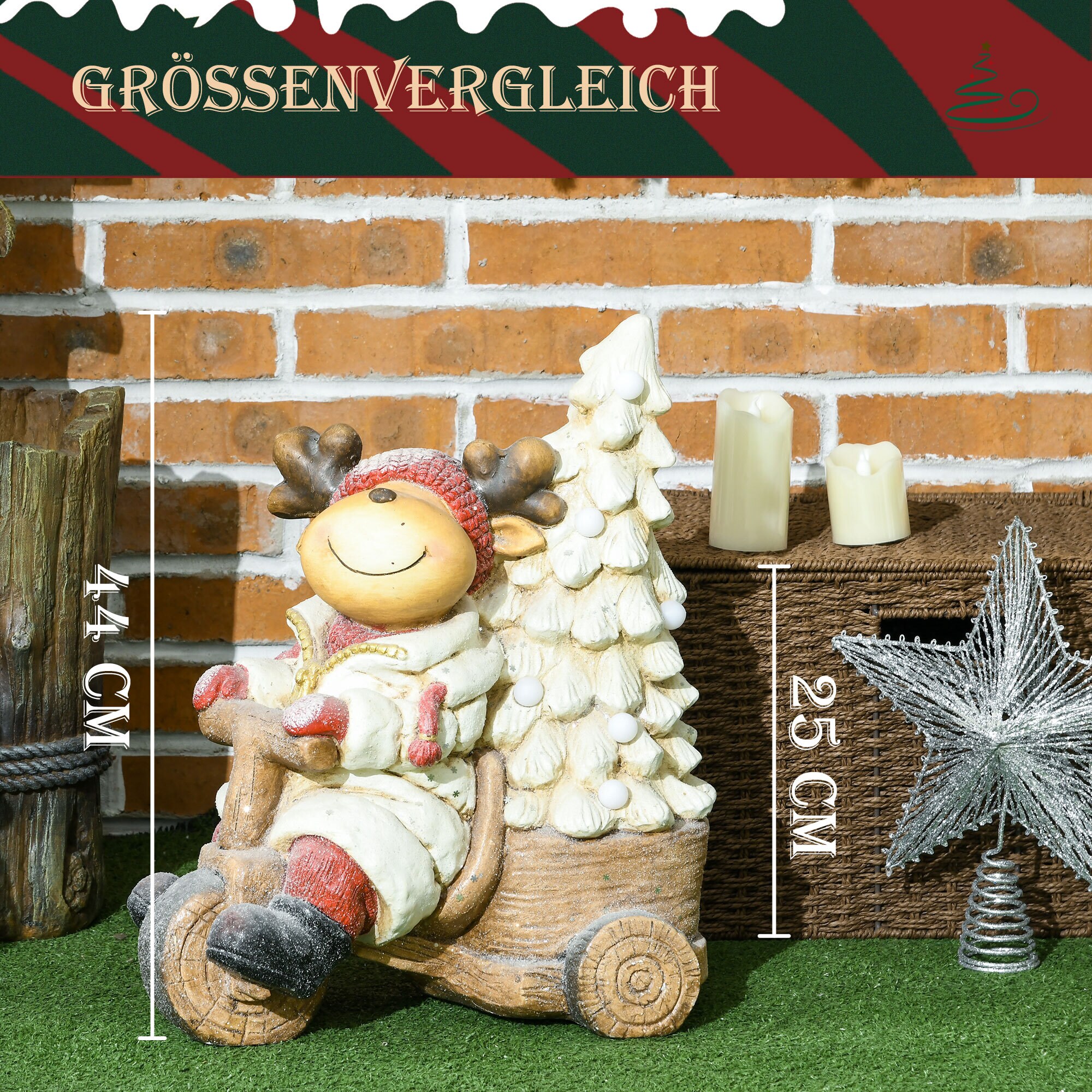 HOMCOM Weihnachtsfigur Rentier auf Dreirad mit LED-Licht bunt 36L x 21B x 44H cm