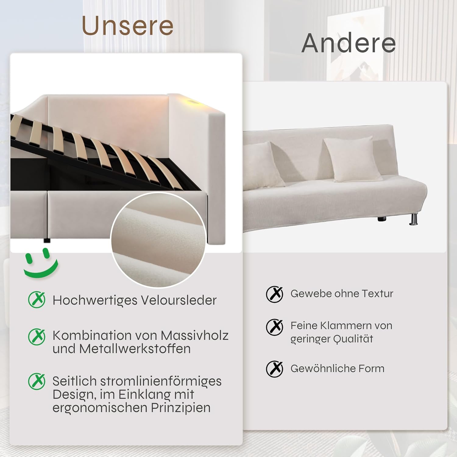 Polsterbett Tagesbett Daybett 90x200cm, Schlafsofa mit hydraulischem Stauraum, Leselichtfunktion und USB-C-Ladefunktion, Jugendbett Bettgestell, Samt (Beige, 90×200cm)