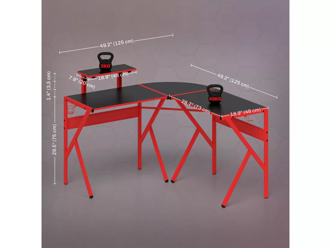 Bureau gaming d'angle bureau gamer bureau informatique bracket casque porte-gobelet étagère écran réglable métal panneaux texture carbone noir rouge