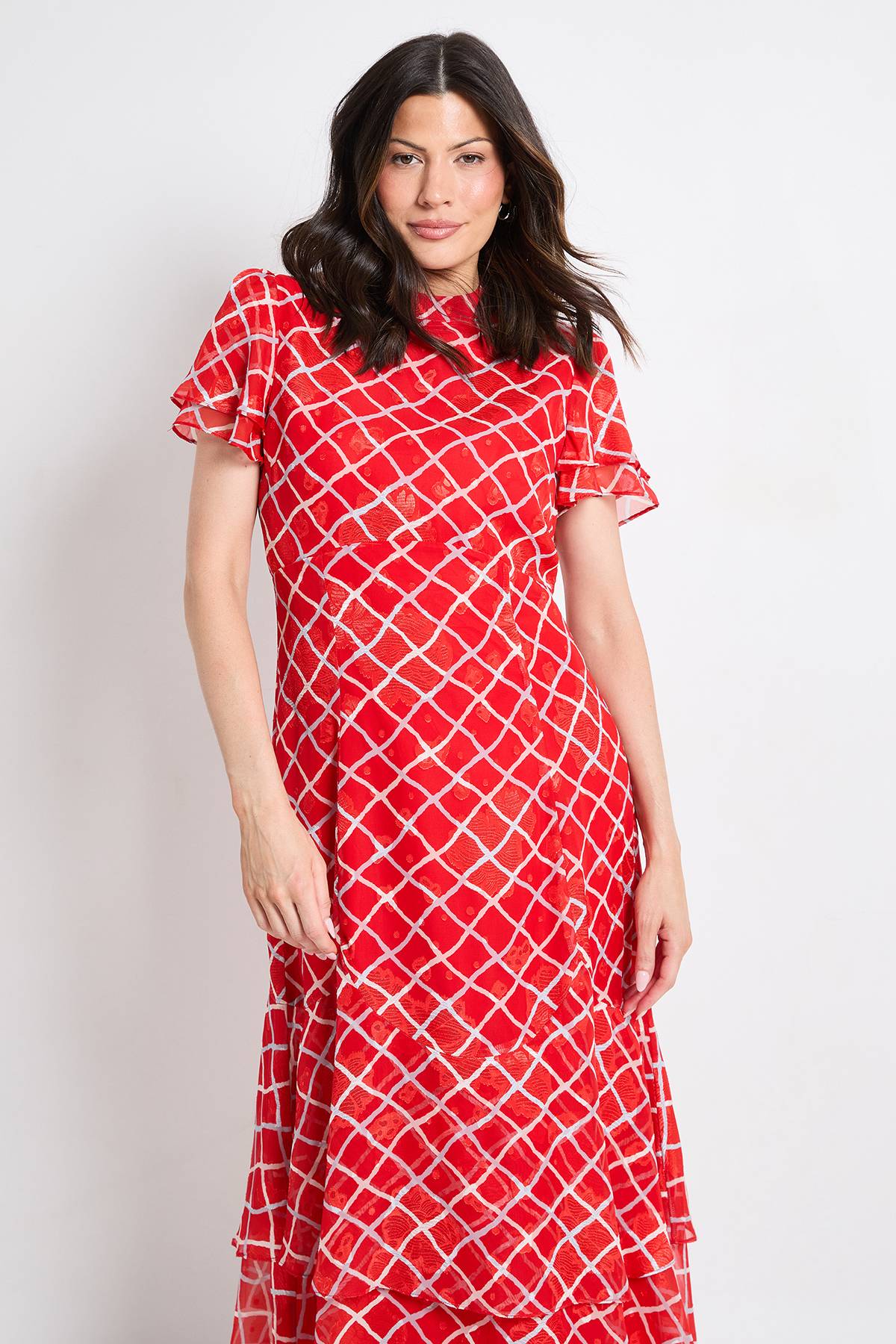 Wallis Robe Midi À Volants En Tissu Dévoré À Carreaux