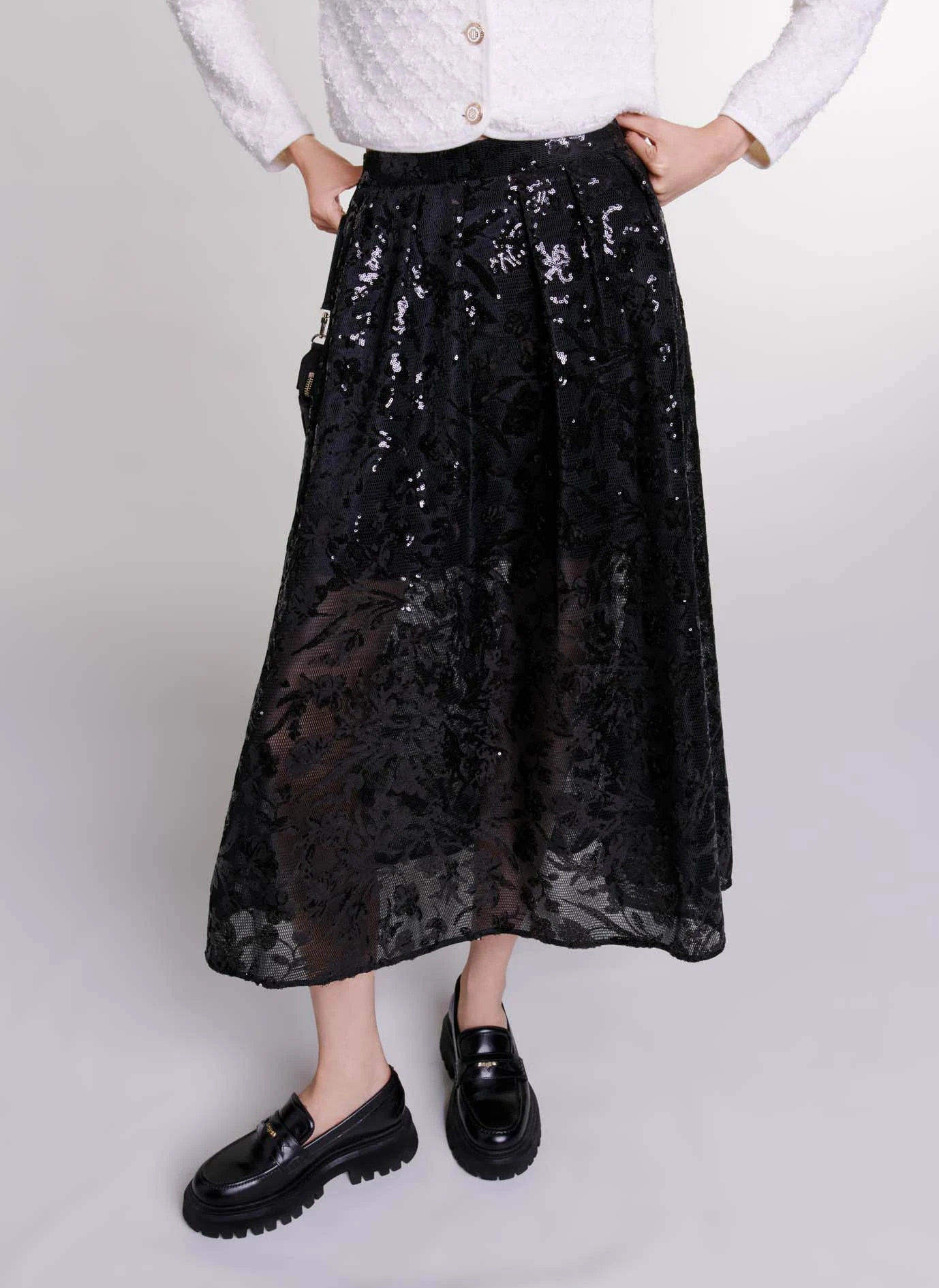 Jupe longue évasée à sequins | Noir
