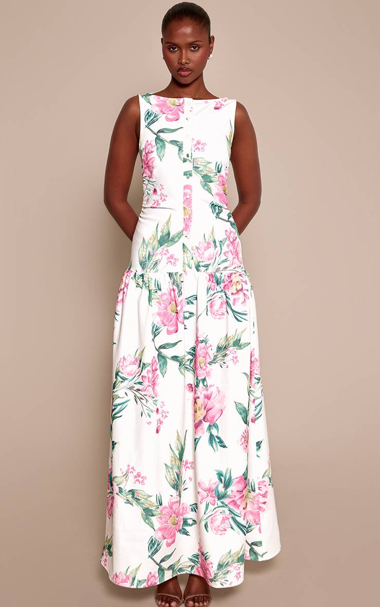 Cream Floral Robe Maxi À Taille Basse Avec Boutons En Tissu Tissé