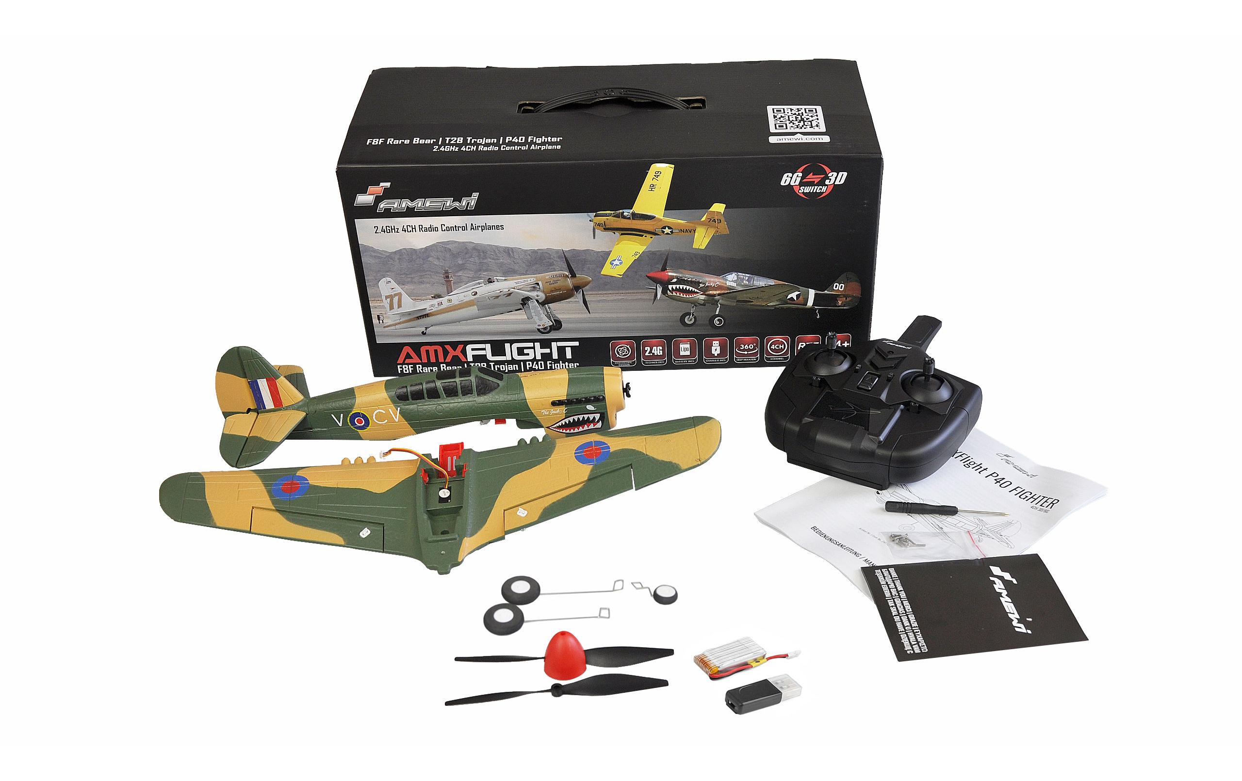 Warbird AMXflight P40 Fighter, Gyro, 4-Kanal, 384 mm, RTFKleines Curtis P40 Warhawk Modell mit Gyro Stabilisierung