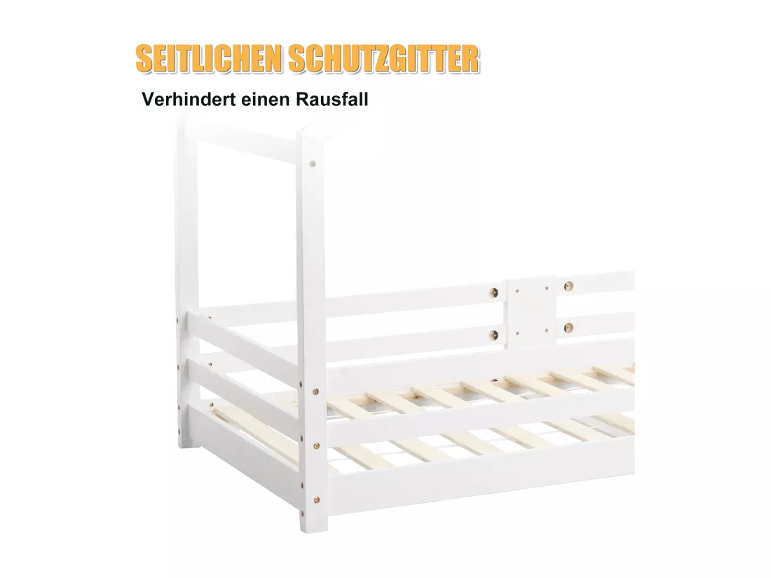 Lit cabane enfant - 90 x 200 cm - pin - barrière et sommier à lattes - blanc