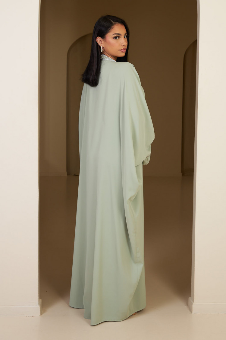 Abaya verte à empiècement perle argenté