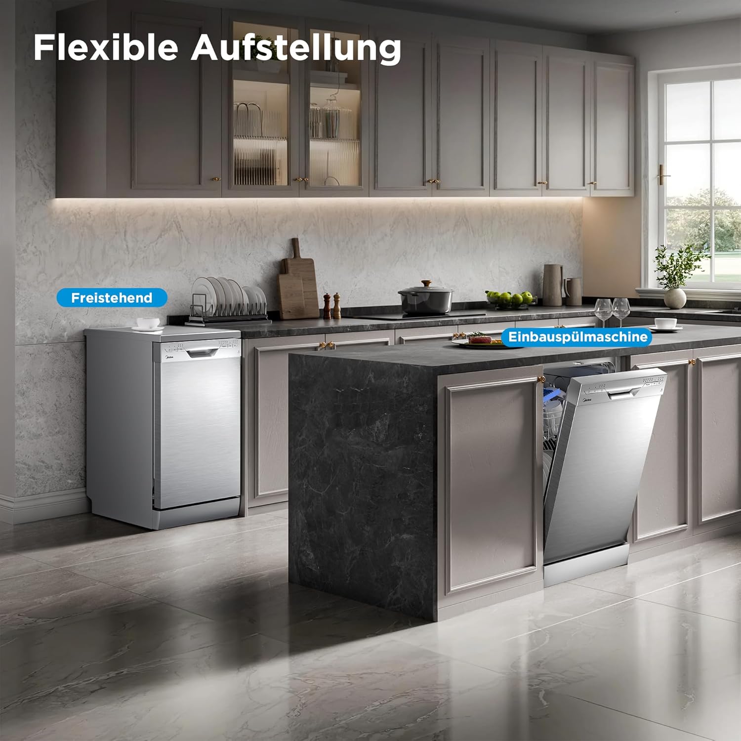 Midea SF 3.45N PRO Geschirrspüler, freistehend und unterbaufähig, 9 Maßgedecke, WLAN, 5 Spülprogramme, 47 dB, 3/6/9h Startzeitvorwahl, Inox, Silber