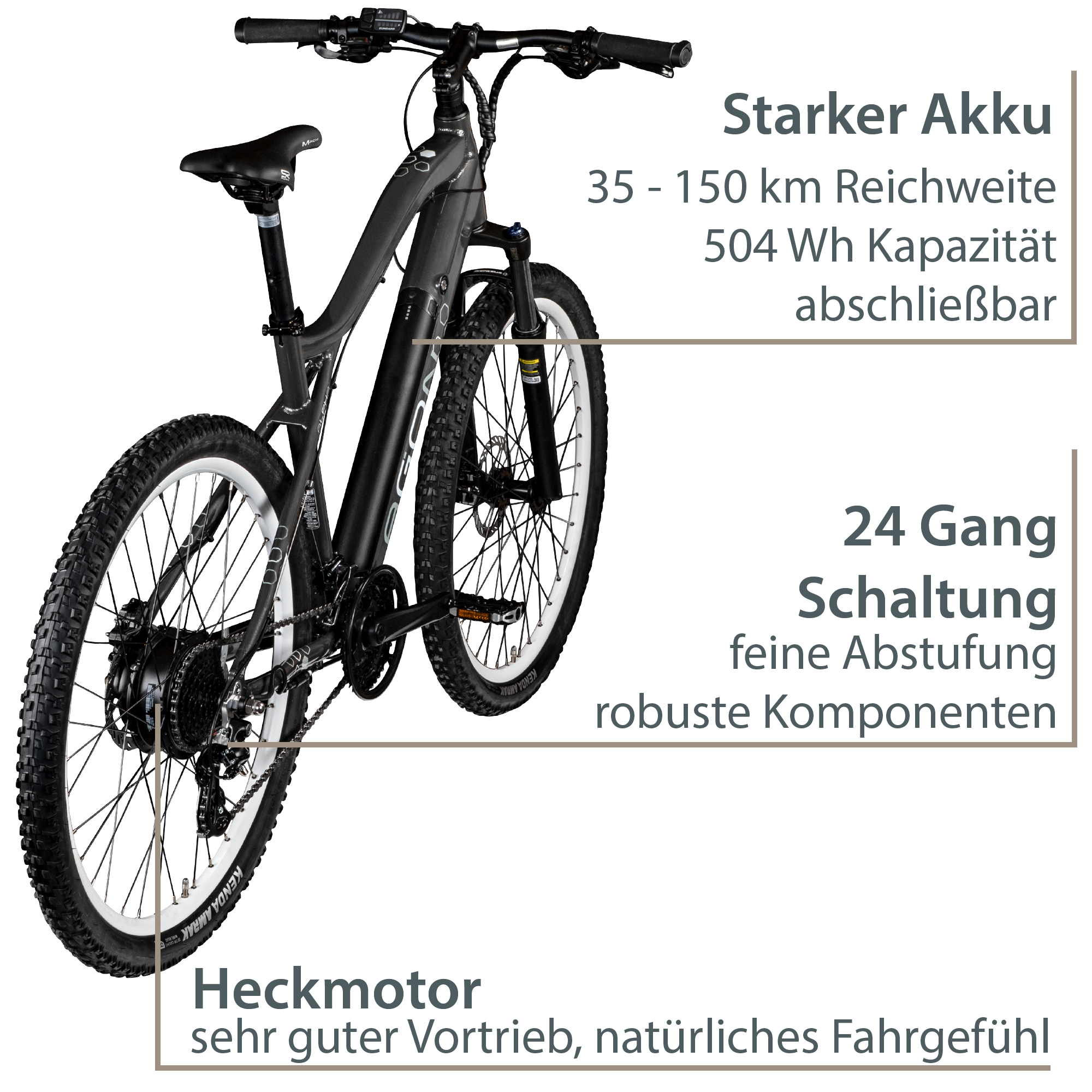 Agon Alpha E Bike Mountainbike Herren oder Damen 170 - 190 cm Pedelec 27,5 Zoll dunkelgrau