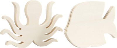 Dyre Figurer I Træ - Blæksprutte Og Fisk - Mal Selv - 11X16 CM - 2 Stk