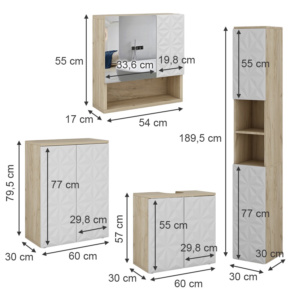 Vicco Badmöbel-Set Badezimmer-Möbel Bad-Schrank Edge Eiche Weiß modern Badezimmerschrank Waschbeckenunterschrank Spiegelschrank Hochschrank Badezimmerkommode