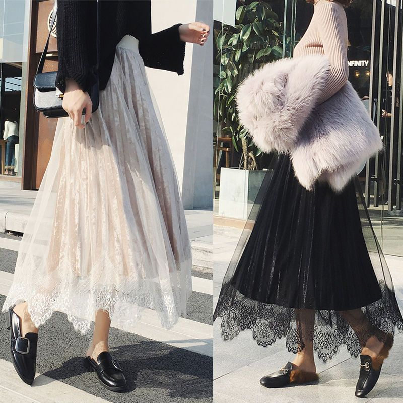 Juuri - Midi fluwelen rok met kanten overlay