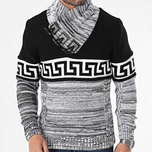 Pull Col Boutonné 2039 Noir Blanc