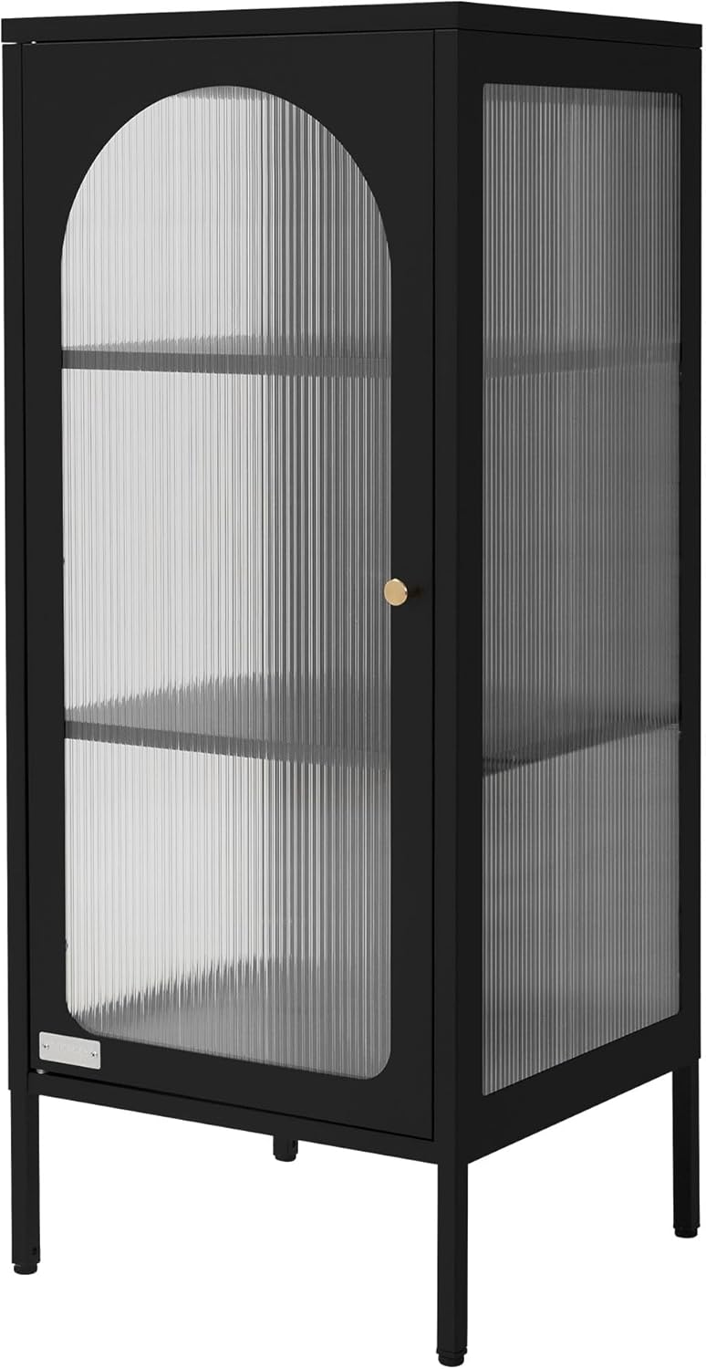 ML-Design Vitrinenschrank 42x102,5x40 cm, Schwarz, Schmale Vitrine mit 3 Ablage-/Regalfächer und 1 Tür, Wohnzimmer Metallschrank aus Stahl, Industrieller Stil, Bücherschrank Aktenschrank Büroschrank