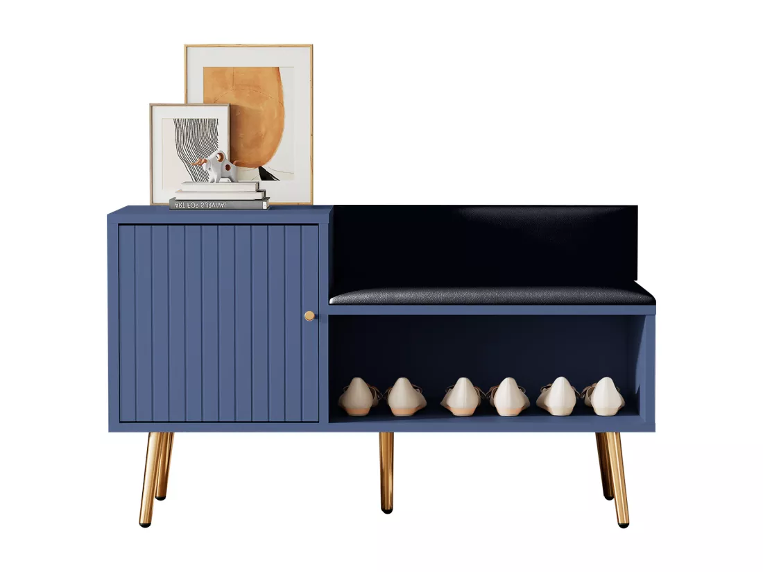 Meuble à chaussures - avec banquette et 2 compartiments - avec poignées et pieds en métal - style moderne - Bleu