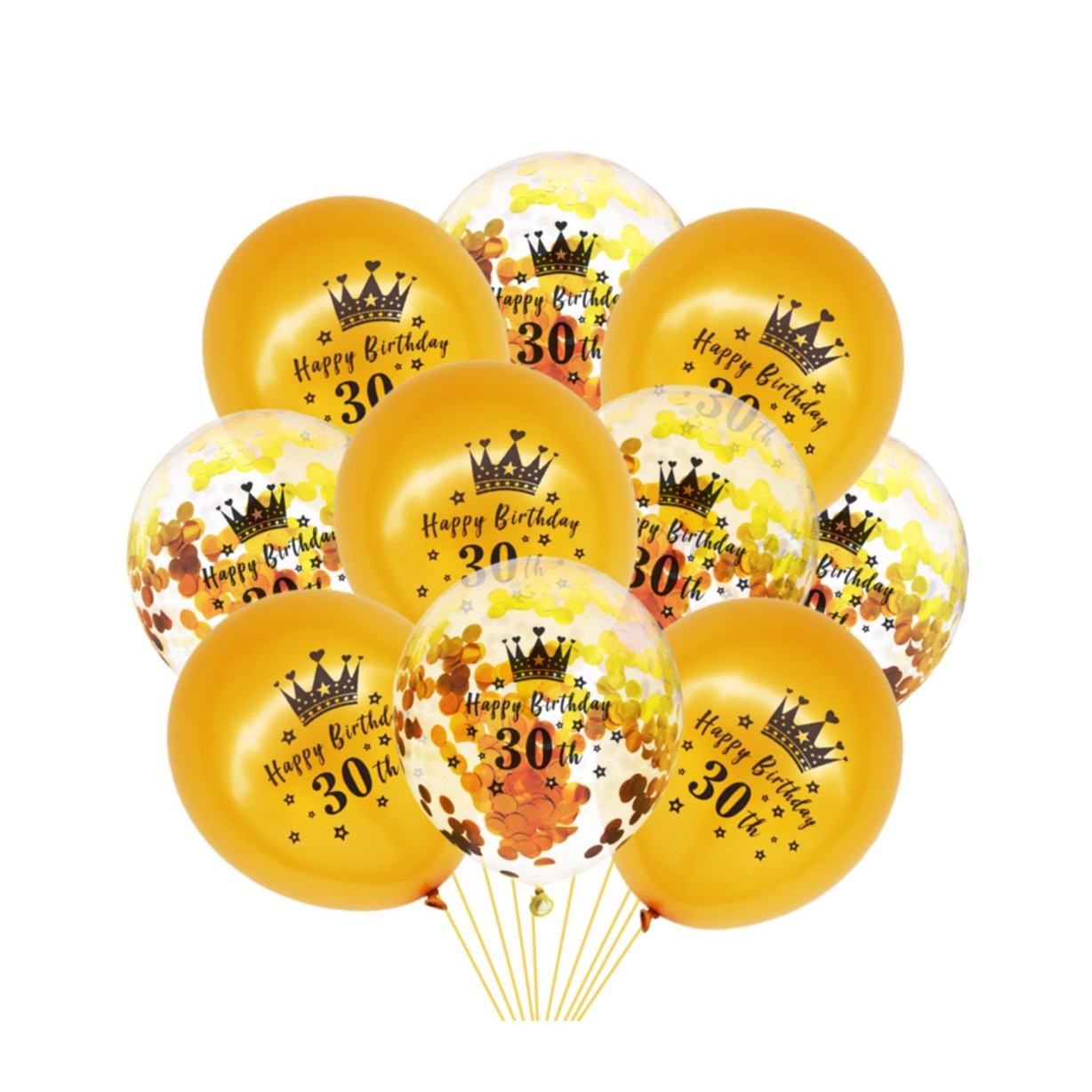 (10er Set) Ø30cm Geburtstags Party Deko Ballons Latex Luftballons 30 Happy Birthday mit Krone   Konfetti - Gold
