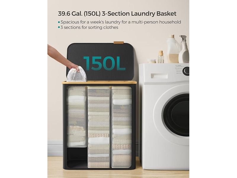 Songmics Wäschekorb  130 l, Schwarz Wäschesammler mit drei Fächern
