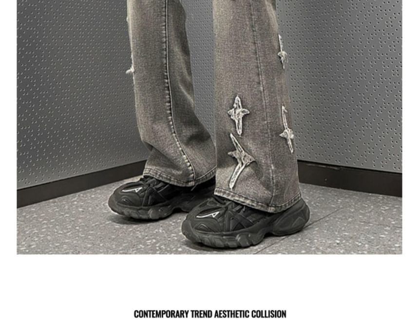 Bay Go Mall - Mid Rise Washed Star Embroidered Wide Leg Jeans