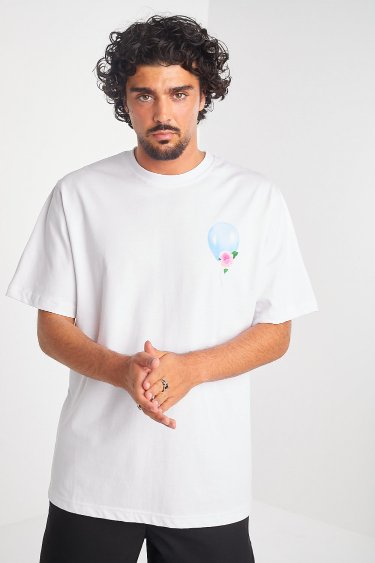 T-shirt blanc à motif ballon et fleur