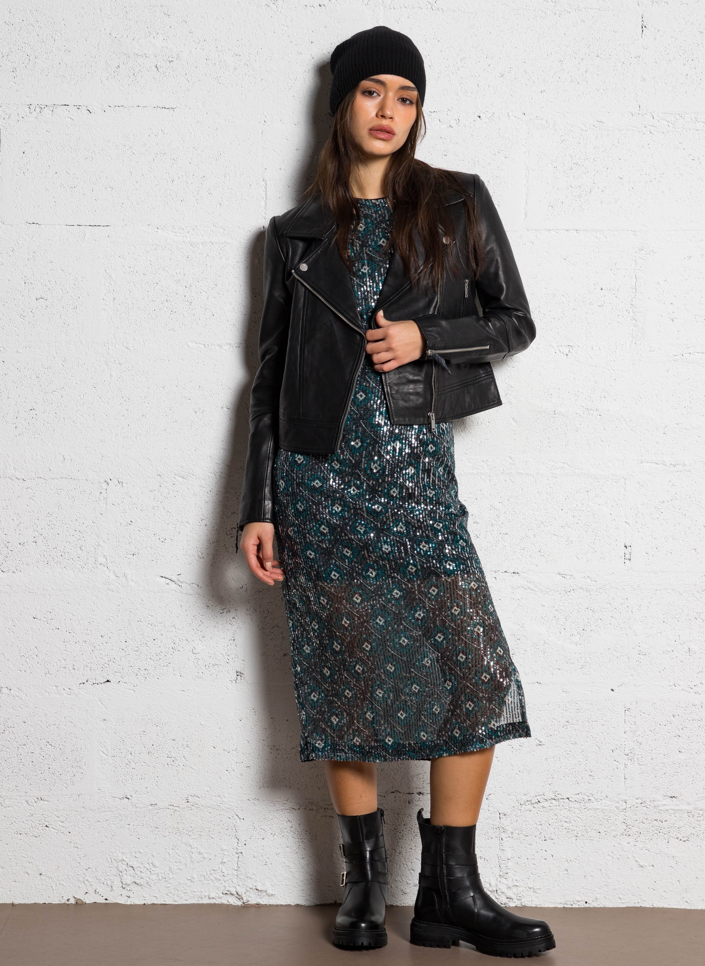 Blouson court zippé en cuir d'agneau | Noir