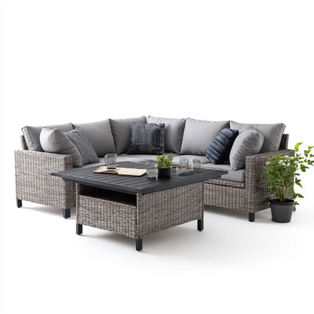 Garten-Sofaset Poly Rattan 200x250 cm – Hellgrau – Moderner Stil - Tisch 100x100x50 cm