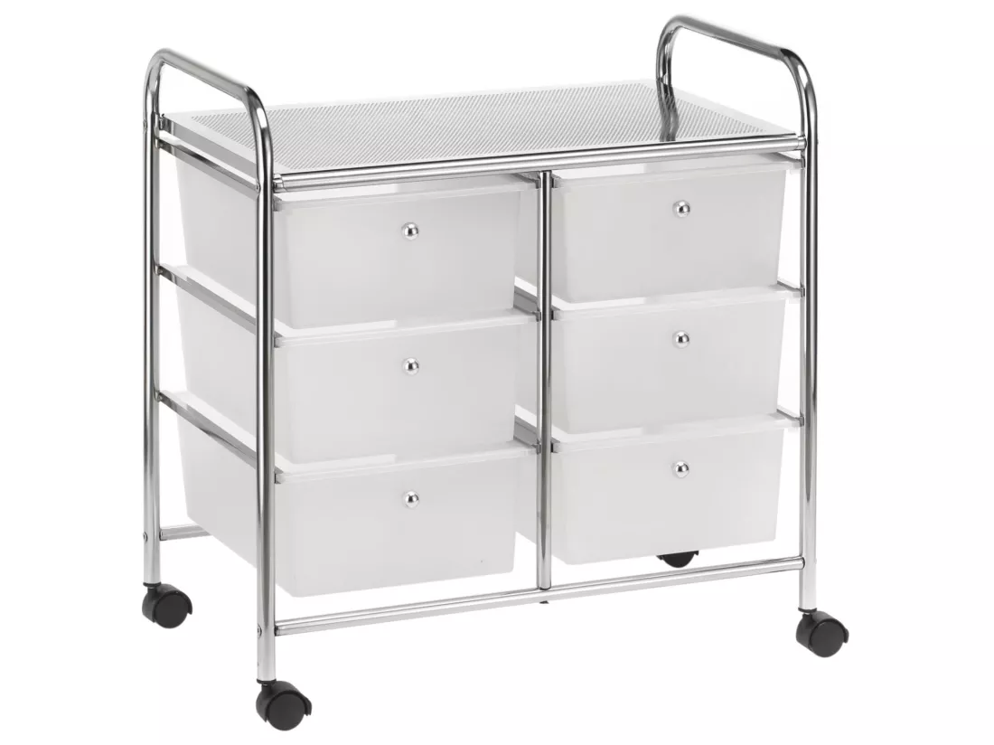 Caisson sur roulettes GINA chariot avec 6 tiroirs en plastique blanc transparent et 1 étagère, rangement salle de bain