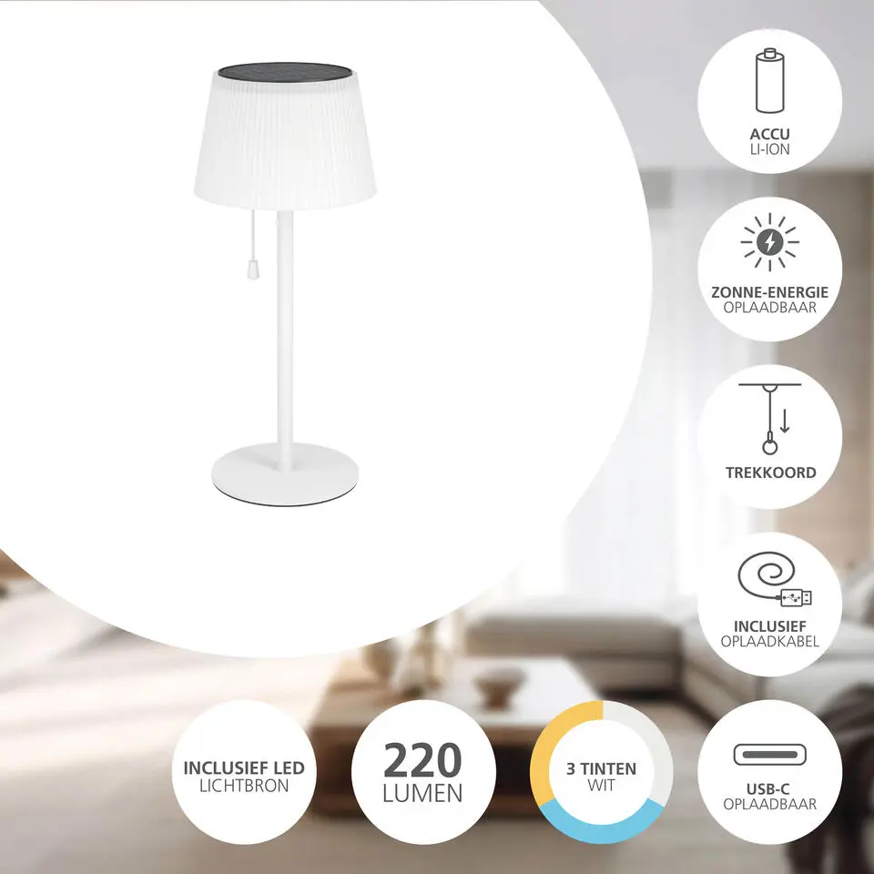 EGLO Scordiano Tafellamp - Solar - 38 cm - Wit - Oplaadbaar