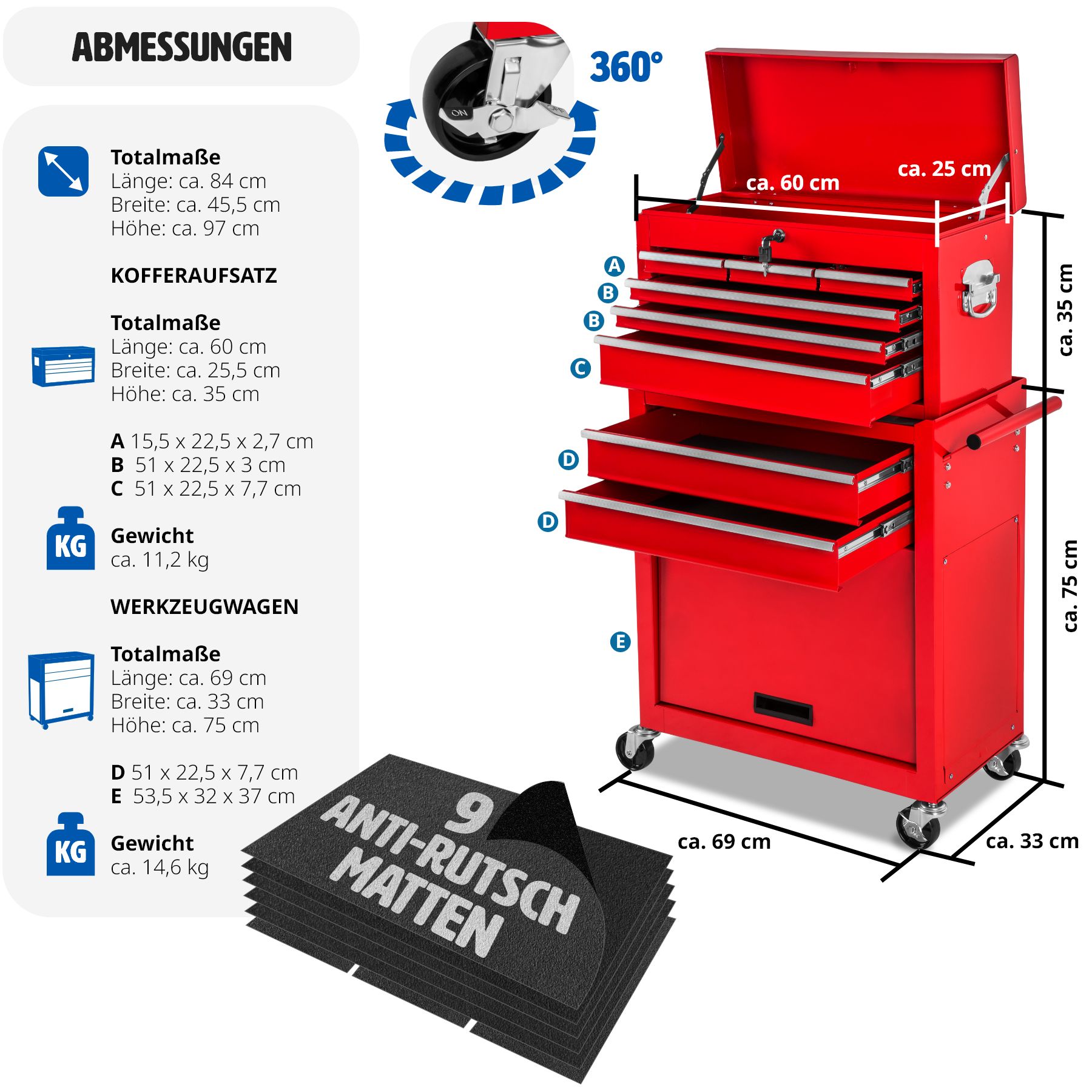 tectake® Werkzeugwagen, 8 kugelgelagerte Schubladen mit Antirutschmatten, großes Klappfach, mobiler Kofferaufsatz mit zentraler Sicherheitsverriegelung, Rollen Ø 100 mm