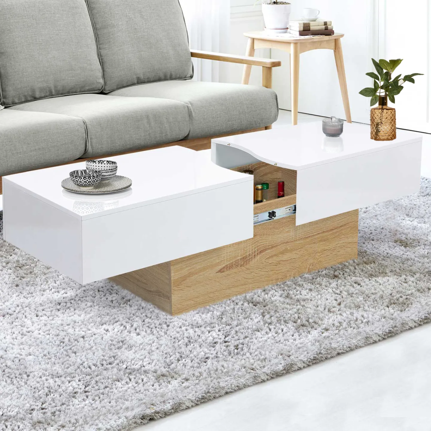 Table basse coulissante rectangulaire MARTA bois imitation hêtre et blanc