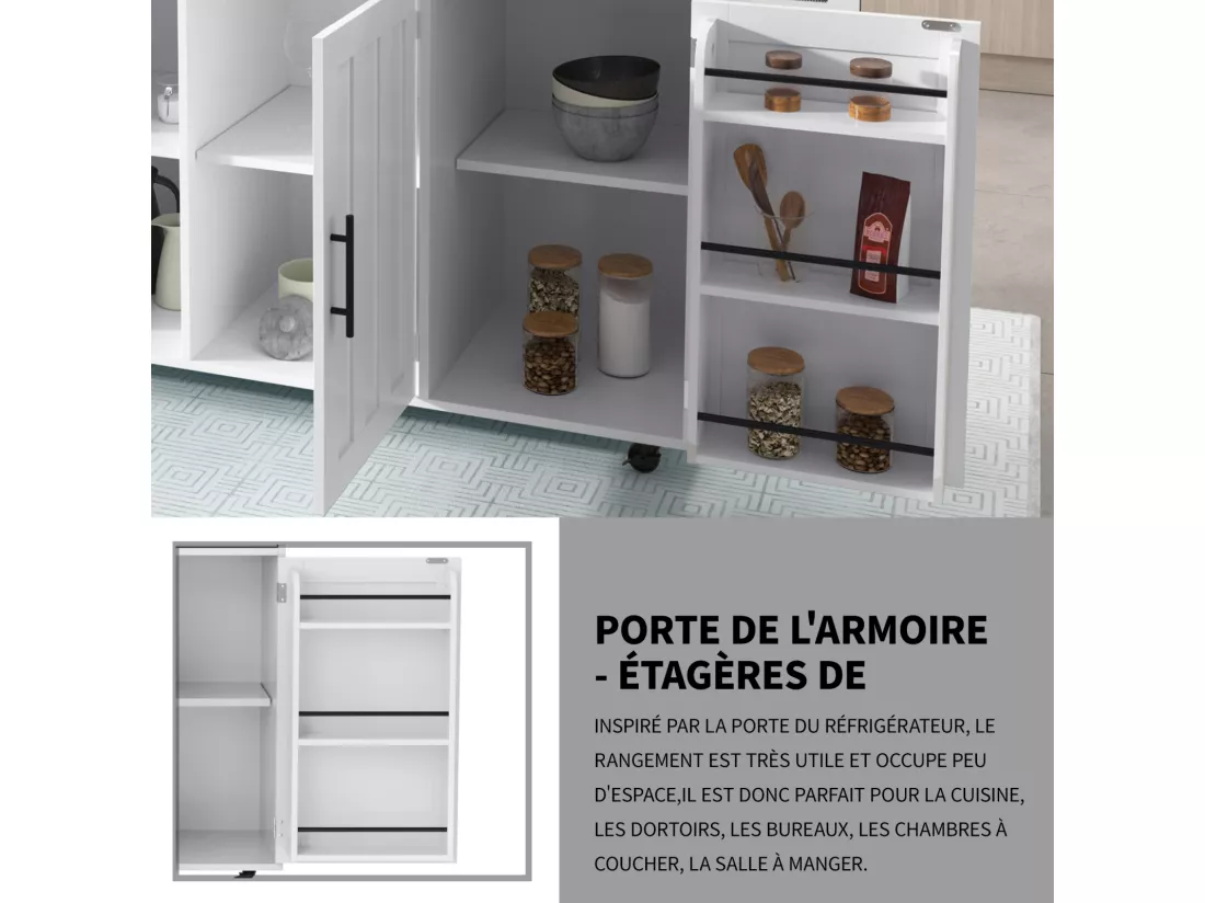 Desserte de cuisine 129x46x91.5cm, chariot de salle à manger, plan de travail pliable, armoire de rangement, blanc