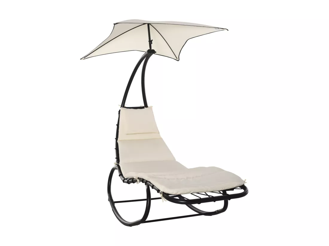 Bain de soleil transat à bascule design contemporain avec pare-soleil, matelas grand confort, tétière métal époxy noir polyester crème