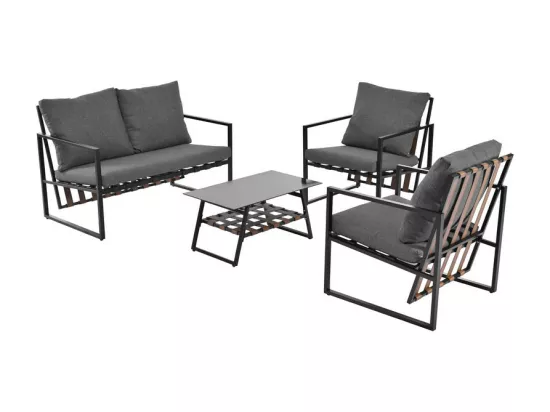 Salon de jardin 4 places - canapé, 2 fauteuils et 1 table basse avec étagère - tube en acier galvanisé et sangles en PVC - coussins amovible et lavable - Noir