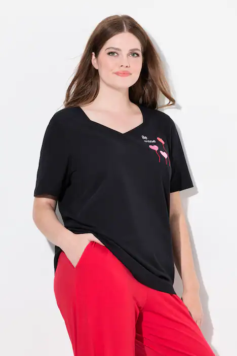 Pyjamashirt, Herzen, Halbarm, schwarz